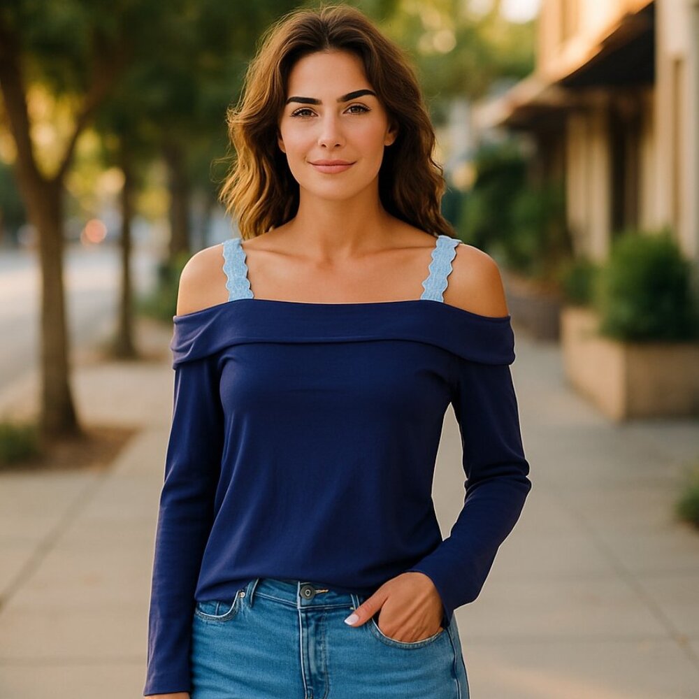 NWOT Free People Off The Shoulder Long Sleeve Lace Trim Top Navy